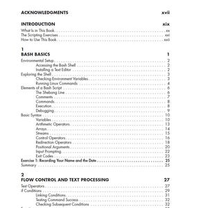 May include: A black and white table of contents page titled CONTENTS IN DETAIL. The text lists chapters and sub-sections including ACKNOWLEDGMENTS, INTRODUCTION, BASH BASICS, and FLOW CONTROL AND TEXT PROCESSING with corresponding page numbers.