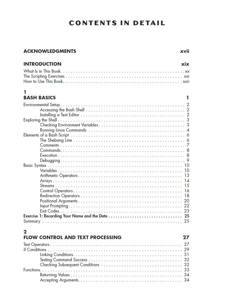 May include: A black and white table of contents page titled CONTENTS IN DETAIL. The text lists chapters and sub-sections including ACKNOWLEDGMENTS, INTRODUCTION, BASH BASICS, and FLOW CONTROL AND TEXT PROCESSING with corresponding page numbers.