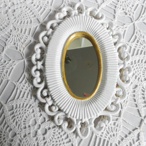 Vintage small wall mirror in white and gold  plastic Homco