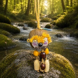 May include: A hanging ornament crafted from a brown coconut shell featuring bright yellow yarn hair, a black bead nose, and painted facial details. The figure includes dangling limbs made of yellow and brown beads attached by twine strings.