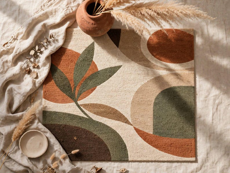 Organic Pastel Rug Texture Hand Tufted Wool Rug Botanical Leaf Abstract Arch Area Rug Rust Orange ...