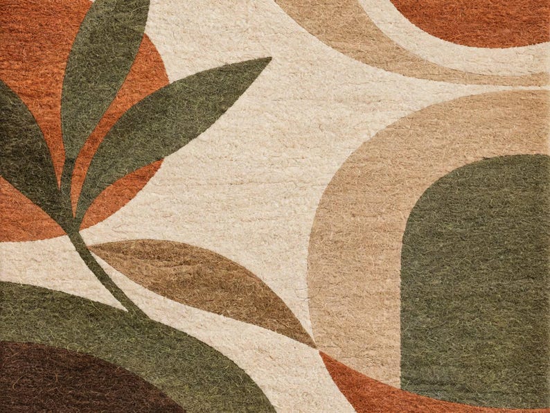 Organic Pastel Rug Texture Hand Tufted Wool Rug Botanical Leaf Abstract Arch Area Rug Rust Orange ...