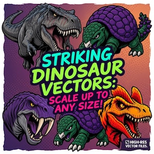 May include: A collection of five colorful dinosaur illustrations featuring a grey T-Rex, a purple and green armored turtle, a purple saber-toothed head, and an orange crested head. Text reads: STRIKING DINOSAUR VECTORS: SCALE UP TO ANY SIZE!
