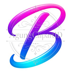 May include: A stylized letter B featuring a vibrant gradient transition from hot pink at the top to purple in the center and bright cyan at the bottom. The letter has a glossy, rounded appearance with a watermark reading AgungClipartID.