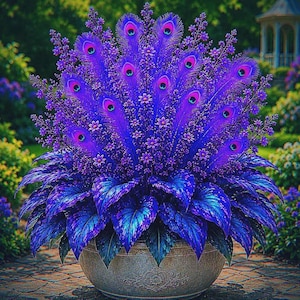 May include: A decorative arrangement in a round, light-colored stone planter featuring vibrant purple peacock feathers and small purple flowers. The base of the arrangement consists of large, dark blue and purple leaves with a speckled texture.