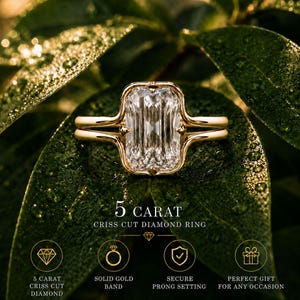 May include: A 5 carat criss cut diamond ring featuring a solid gold band and a secure prong setting. The text on the image reads 5 CARAT CRISS CUT DIAMOND RING, 5 CARAT CRISS CUT DIAMOND, SOLID GOLD BAND, SECURE PRONG SETTING, PERFECT GIFT FOR ANY OCCASION.