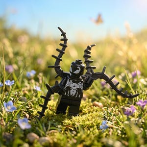 Puede incluir: Una minifigura de plástico negro con un emblema de araña blanco en el pecho y marcas oculares blancas. La figura presenta cuatro largos apéndices negros segmentados en forma de tentáculos que salen de la espalda, con pequeñas púas laterales.
