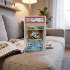 May include: A graded 1999 Japanese Blastoise Holo CD Promo trading card encased in a clear plastic slab. The label at the top reads 1999 P.M. JAPANESE BLASTOISE-HOLO CD PROMO #8 GEM MT 10. The card features a blue character with cannons.