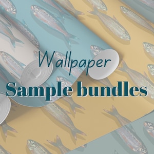 May include: Wallpaper sample bundles featuring a repeating fish pattern on two distinct backgrounds. One section displays a light blue background, while the other features a mustard yellow background. The text Wallpaper Sample bundles is visible.