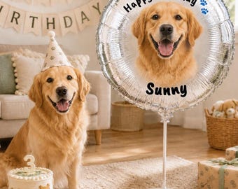 Custom Pet Photo Balloon, Personalized Dog Birthday Balloon, Cat Birthday Party Decorations, Puppy Kitty Birthday Gift, Silver Foil Balloon