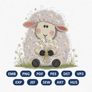 May include: An embroidery design featuring a fluffy light gray sheep with pink cheeks holding a bouquet of white daisies. The sheep is surrounded by small daisies and green grass. Below the sheep are the file formats: EMB, PNG, PDF, PES, DST, VP3, EXP, JEF, SEW, ART, and HUS.