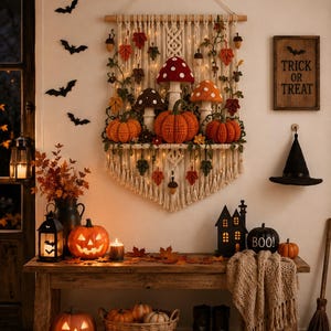 May include: A macrame wall hanging featuring crocheted mushrooms, pumpkins, and autumn leaves with integrated string lights. The display includes a wooden sign reading TRICK OR TREAT, a black witch hat, carved jack-o'-lanterns, and a basket of pumpkins.