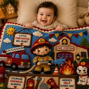 May include: A handmade crochet blanket featuring a firefighter theme with a central firefighter figure, a fire truck, a fire station, and a dalmatian. The blanket includes text reading Little Firefighter Big Heart, Be Brave, Courage Kindness Always, and Heroes Help Every Day.
