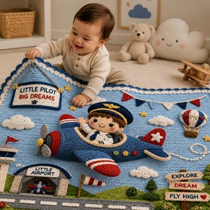 May include: A light blue crocheted baby blanket featuring a central 3D airplane with a pilot, a control tower, a hangar, and a hot air balloon. The blanket includes text reading "LITTLE PILOT BIG DREAMS", "LITTLE AIRPORT", and "EXPLORE DREAM FLY HIGH".