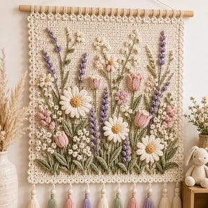 Peut inclure: Une tenture murale rectangulaire en crochet sur fond crème, ornée d'un arrangement floral en relief composé de marguerites blanches, de tulipes roses et de brins de lavande violets. L'ensemble est suspendu à une tige en bois avec des pompons.