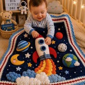 May include: A dark blue crochet baby blanket featuring a central white and red rocket ship with a yellow and orange flame, surrounded by a yellow crescent moon, a blue and yellow planet, a grey moon, and a green and blue earth with white clouds.