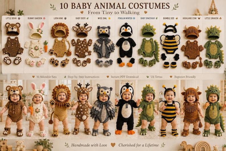 How To Crochet A Rabbit 10 Baby Animal Crochet Costume Patterns Bundle (PDF Download) - Etsy UK