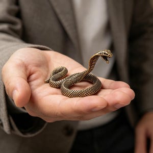 Puede incluir: Una pequeña figura de cobra de metal color bronce con el cuerpo enroscado y la capucha erguida y desplegada. La serpiente presenta texturas de escamas detalladas en toda su superficie, con la boca abierta mostrando los colmillos.