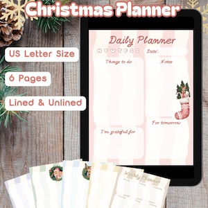 May include: A digital Christmas Planner displayed on a tablet screen with a pink striped background, featuring sections for Daily Planner, Things to do, Notes, and I'm grateful for. Includes printed pages with holiday illustrations and a weekly planner.