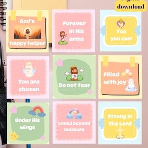 32 notas cristianas para la lonchera, afirmaciones positivas imprimibles, tarjetas con versículos bíblicos, tarjeta de ánimo, nota de amor, nota bíblica para el almuerzo para niños