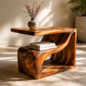 Puede incluir: Una mesa auxiliar de madera marrón con una silueta curva en forma de S, que presenta una superficie superior plana y un estante inferior. Un jarrón de cerámica pequeño, redondo y claro con ramas secas descansa arriba, y dos libros en el estante.