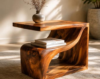 Handgefertigter Massivholz Beistelltisch Moderne skulpturale Beistelltisch Gebogenes Holz Nachttisch Minimalistischer Akzent Tisch Wohnzimmer Möbel