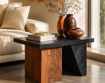 Handcrafted Solid Wood Modern Side Table Geometric Accent Table Walnut End Table Contemporary Living Room Furniture Artisan Coffee Table