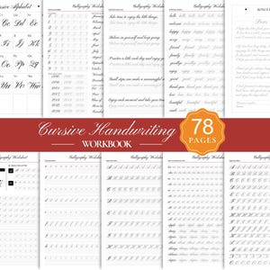 May include: A 78-page cursive handwriting workbook featuring white pages with black printed calligraphy practice exercises, including alphabet guides, numbers, months, years, common words, and a bonus letter writing exercise page.