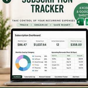 May include: A digital subscription tracker displayed on a laptop screen, featuring a dashboard with monthly and annual cost summaries, active subscription counts, potential savings, a pie chart for cost categories, and a list of upcoming renewals.