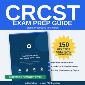 以下が含まれることがあります： 青と白のCRCST滅菌技師試験対策ガイド。表紙には「The Ultimate Sterile Processing Study Guide」、150問の練習問題、器具のフラッシュカード、チェックリスト、学習プランナーのテキストが記載されています。
