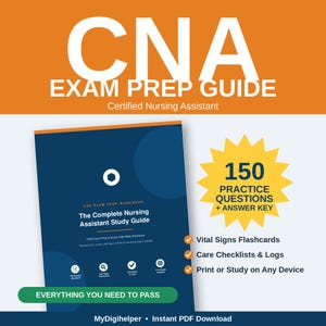 Könnte beinhalten: Ein CNA-Prüfungsvorbereitungsbuch mit dunkelblauem Einband und weißem Text, der The Complete Nursing Assistant Study Guide lautet. Eine gelbe Sternform hebt 150 Practice Questions + Answer Key, Vital Signs Flashcards, Care Checklists & Logs sowie Print or Study on Any Device hervor.