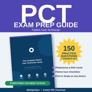 Op de afbeelding: Een PCT-examenvoorbereidingsgids voor patiëntenzorgtechnici met een donkerblauwe werkboekkaft met de tekst The Complete Patient Care Technician Guide. Een gele sterrenvorm benadrukt 150 oefenvragen en een antwoordsleutel.