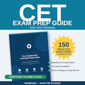 Op de afbeelding: Een CET-examenvoorbereidingsgids voor EKG/ECG-technici met een donkerblauw werkboek. De omslag toont de tekst The Complete EKG Technician Study Guide. Een gele ster-afbeelding benadrukt 150 oefenvragen en een antwoordsleutel.