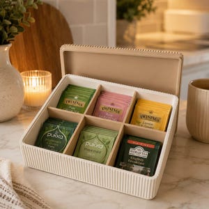 Könnte beinhalten: Eine beige, rechteckige Tee-Aufbewahrungsbox mit gerippter Außenseite und sechs Innenfächern. Die Box enthält verschiedene Teebeutel von Marken wie Twinings, Pukka und Ahmad Tea mit Aufschriften wie Pure Green Tea, Pure Darjeeling, Lemon & Ginger, Peppermint & Licorice, Three Mint und English Breakfast.