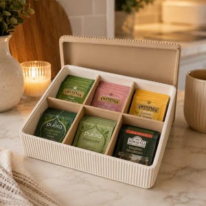 May include: A beige, rectangular tea storage box with a ribbed exterior and a hinged lid. The interior is divided into six compartments, each containing various tea bags from brands including Twinings, Pukka, and Ahmad Tea London.