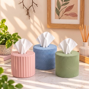 Pode incluir: Três caixas cilíndricas para lenços em rosa pastel, azul e verde. A caixa rosa tem estrias verticais, a azul apresenta um padrão em espinha e a verde exibe uma textura ondulada. Cada uma contém um lenço de papel branco.