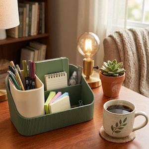 May include: A dark green desk organiser with a ribbed exterior, featuring a cream-coloured pen cup insert. It holds a green notebook, a small spiral notepad, various pens, sticky notes, and a correction tape dispenser on a wooden desk surface.