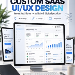 Peut inclure: Un écran numérique présentant des services de conception UI/UX SaaS personnalisés par Nova. L'affichage montre un tableau de bord avec des graphiques de revenus, des métriques utilisateur et des menus. Une tablette et un smartphone complètent l'ensemble.