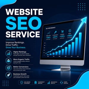 May include: A digital graphic promoting website SEO services featuring a computer monitor displaying a blue bar chart with an upward trending arrow. The text reads Website SEO Service, Improve Rankings, Drive Traffic, Grow Your Business.