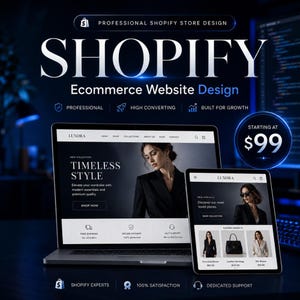 Peut inclure: Un ordinateur portable et une tablette affichant un design de site web e-commerce Shopify pour la marque Luxora. L'écran présente une collection de mode avec le texte Timeless Style, Shop Now et un prix de départ de 99 $.