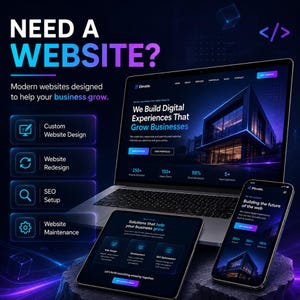 May include: A digital marketing advertisement featuring a laptop, tablet, and smartphone displaying a website with the text "Need a Website?" and "We Build Digital Experiences That Grow Businesses." The graphic includes icons for design, redesign, SEO, and maintenance services.