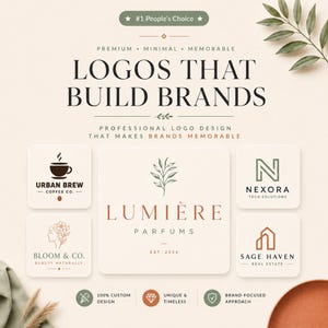 Może przedstawiać: Graficzna prezentacja pięciu różnych logo firm na jasnym tle. Centralne logo zawiera napis LUMIÈRE PARFUMS z ikoną liścia. Pozostałe logo to URBAN BREW COFFEE CO., BLOOM & CO., NEXORA TECH SOLUTIONS oraz SAGE HAVEN REAL ESTATE.