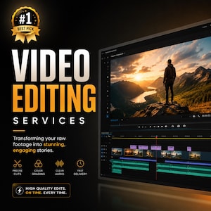 以下が含まれることがあります： ゴールドの#1 Best Pickバッジ、"VIDEO EDITING SERVICES"というテキスト、そして山頂に立つ人物の風景を表示した動画編集ソフトのスクリーンショットを含む、動画編集サービス用のデジタルグラフィック。