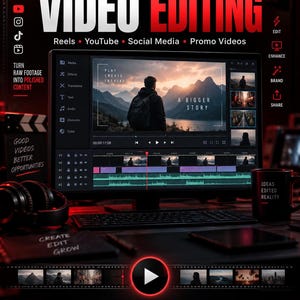 May include: A computer monitor displaying video editing software with a mountain landscape scene. Text includes "PROFESSIONAL VIDEO EDITING," "TURN RAW FOOTAGE INTO POLISHED CONTENT," "GOOD VIDEOS BETTER OPPORTUNITIES," and "IDEAS EDITED REALITY."