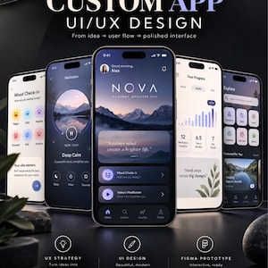 Pode incluir: Cinco smartphones exibem uma interface de aplicativo chamada NOVA, com telas para rastreamento de humor, meditação e análise de progresso. O texto diz CUSTOM APP UI/UX DESIGN, BRING IDEAS TO LIFE, UX STRATEGY, UI DESIGN e FIGMA PROTOTYPE.
