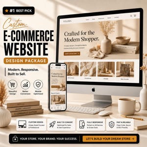 May include: A digital marketing graphic for a custom e-commerce website design package. The image displays a computer monitor and a smartphone showing a website with the text 'VELORA' and 'Crafted for the Modern Shopper.' It includes icons for design, conversion, and mobile optimization, along with the text 'YOUR STORE. YOUR BRAND. YOUR SUCCESS.' and 'LET'S BUILD YOUR DREAM STORE.'