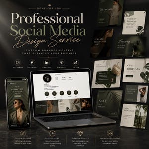 May include: A laptop and smartphone displaying social media branding templates on a dark background. Text includes "Professional Social Media Design Service," "Done-for-you," and icons for Instagram, Facebook, LinkedIn, Pinterest, and TikTok.