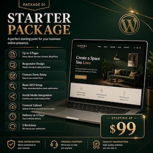 Custom WordPress website service deliverables including website design, SEO optimization, setup, and ongoing support.