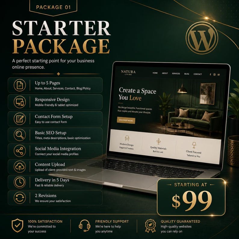 Custom WordPress website service deliverables including website design, SEO optimization, setup, and ongoing support.