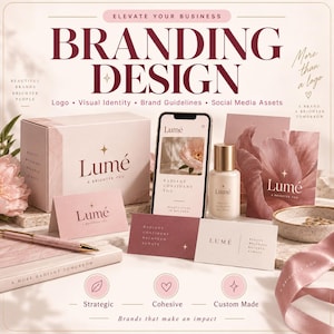 May include: A branding design kit for Lumé featuring a branded box, a smartphone displaying a website, a bottle, business cards, a pen, and a notebook. The items are in shades of blush pink and burgundy with the text Lumé A Brighter You.